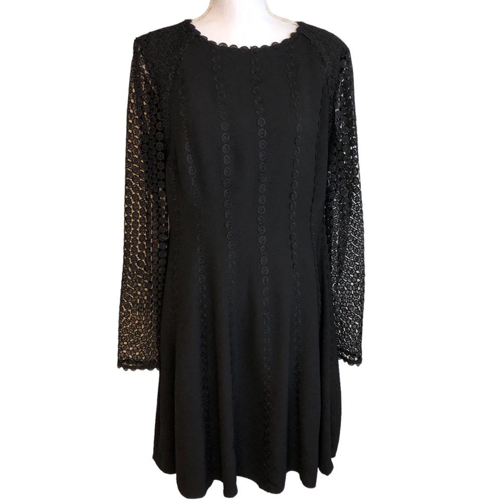 Antonio Melani Black Swing Dress With Lace Sleeves and Lace Embellishments